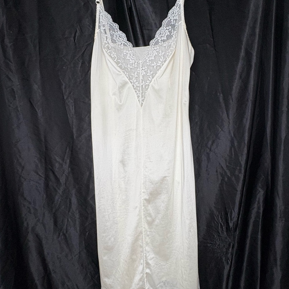 Vintage Lily of France Ivory Satin Lace Slip Dress Size 36 Sheer Nightgown